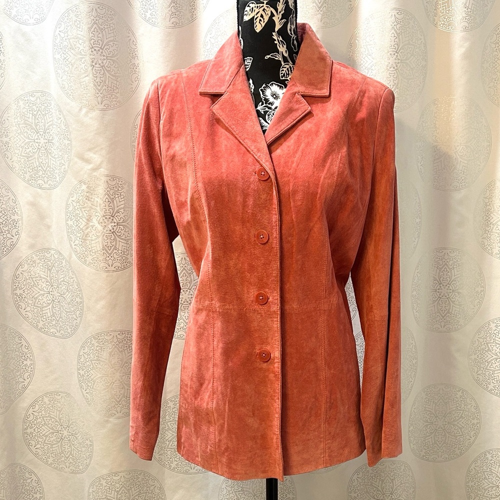 Parisian Signature Women's Suede Real Leather Jacket Blazer Pink Coral L - Picture 2 of 15
